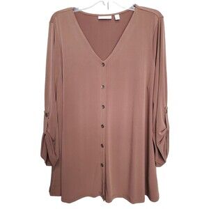 Susan Graver Brown LiquidKnit V-Neck Button-Up Tunic Size XL